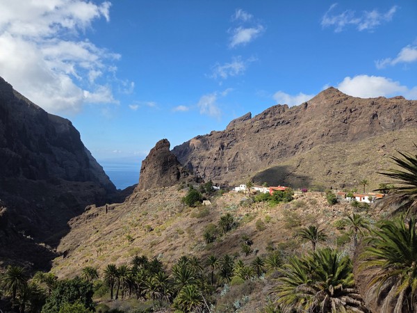 Bergdorf Masca zwischen hohen Felswänden mit Palmen, wenigen Häusern und einer tief eingeschnittenen Schlucht.