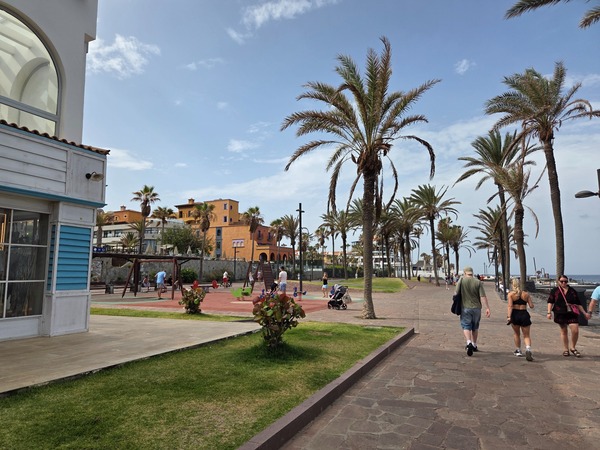 Palmenpromenade an der Küste mit Spazierweg, Spielplatz und Urlaubsgästen in Playa de las Américas.