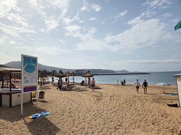 Am Playa El Camisón stehen Liegen und Sonnenschirme auf hellem Sand, dahinter glitzert das ruhige Meer.